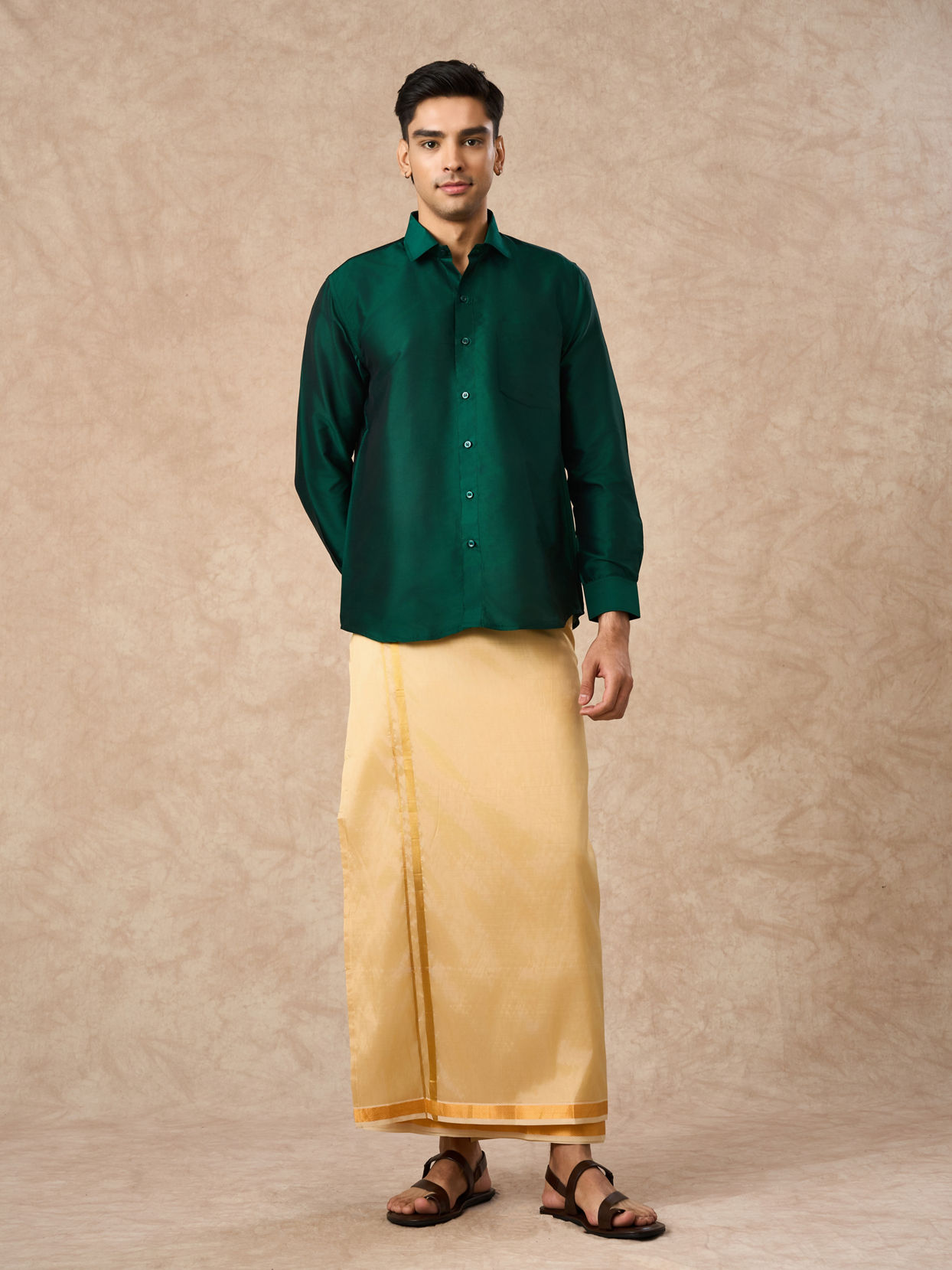 Manyavar Men Dark Green Silk Shirt