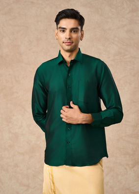 Manyavar Men Dark Green Silk Shirt