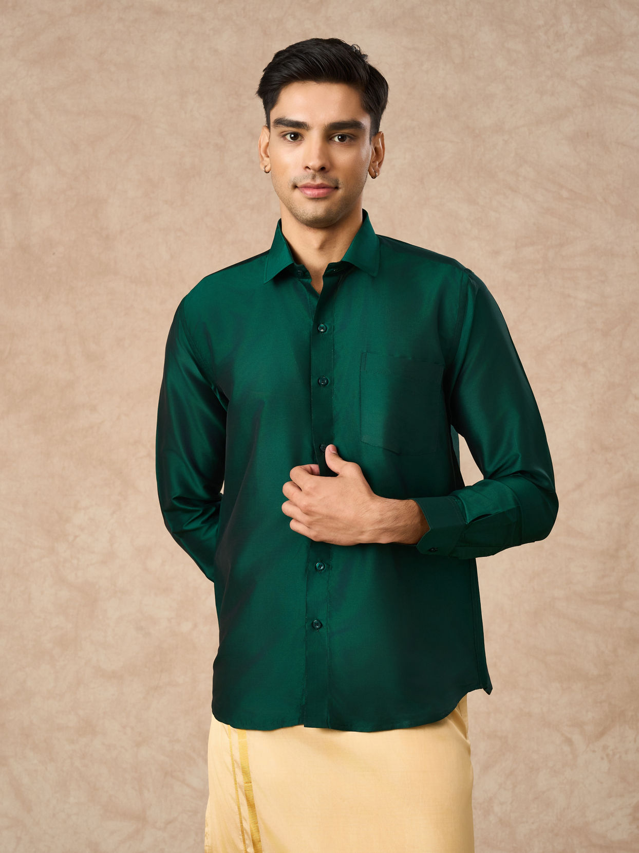 Manyavar Men Dark Green Silk Shirt