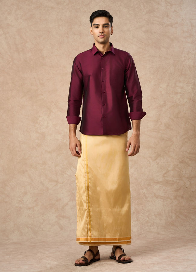 Manyavar Men Wine Art Silk Shirt