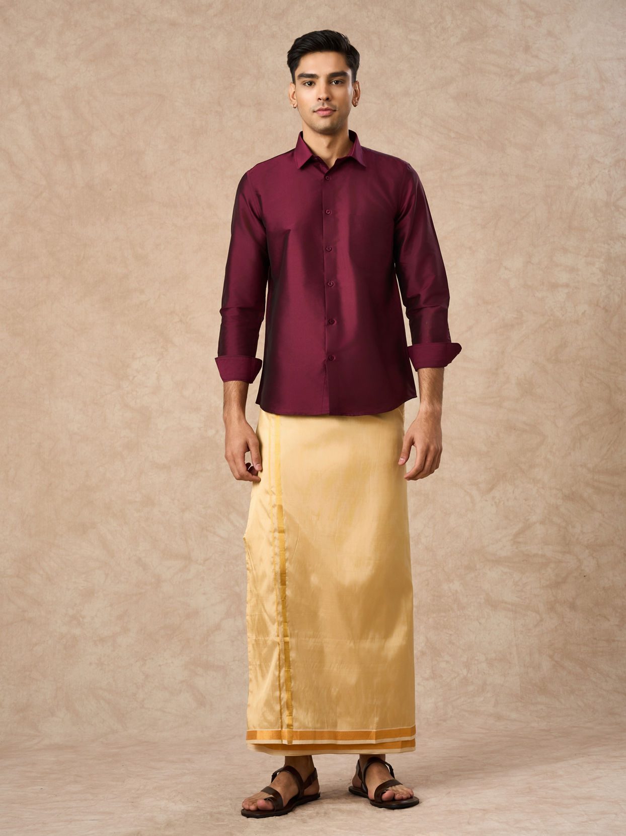 Manyavar Men Wine Art Silk Shirt