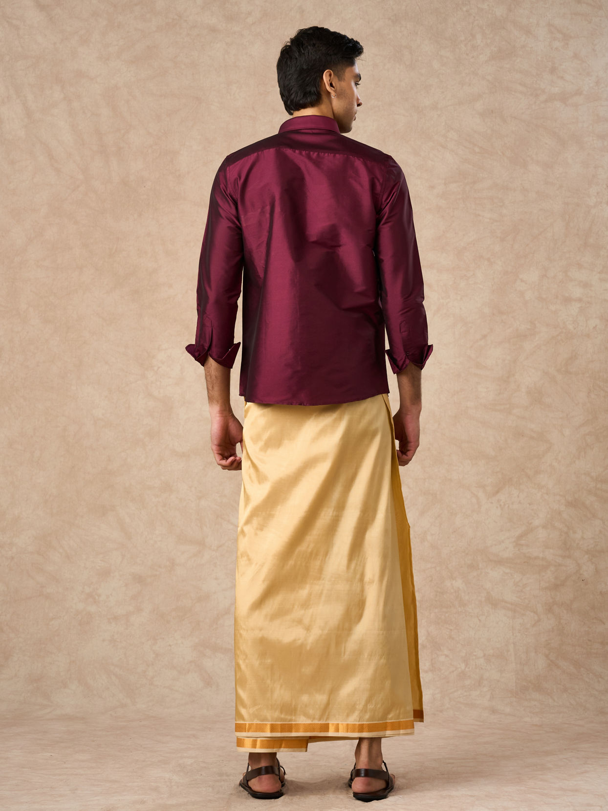 Manyavar Men Wine Art Silk Shirt