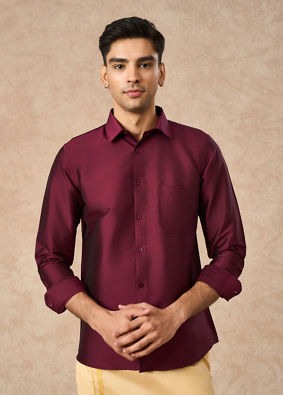 Manyavar Men Wine Art Silk Shirt