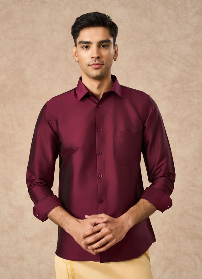 Manyavar Men Wine Art Silk Shirt