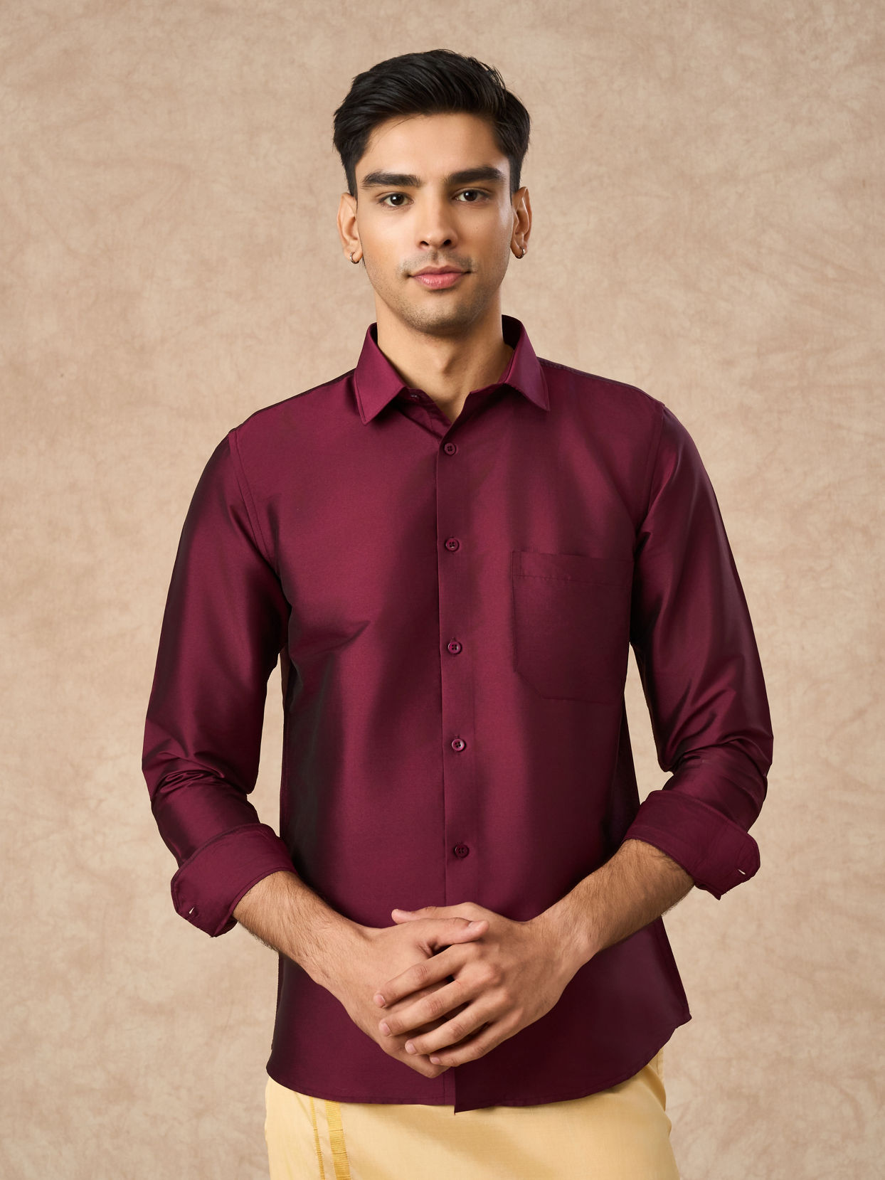 Manyavar Men Wine Art Silk Shirt