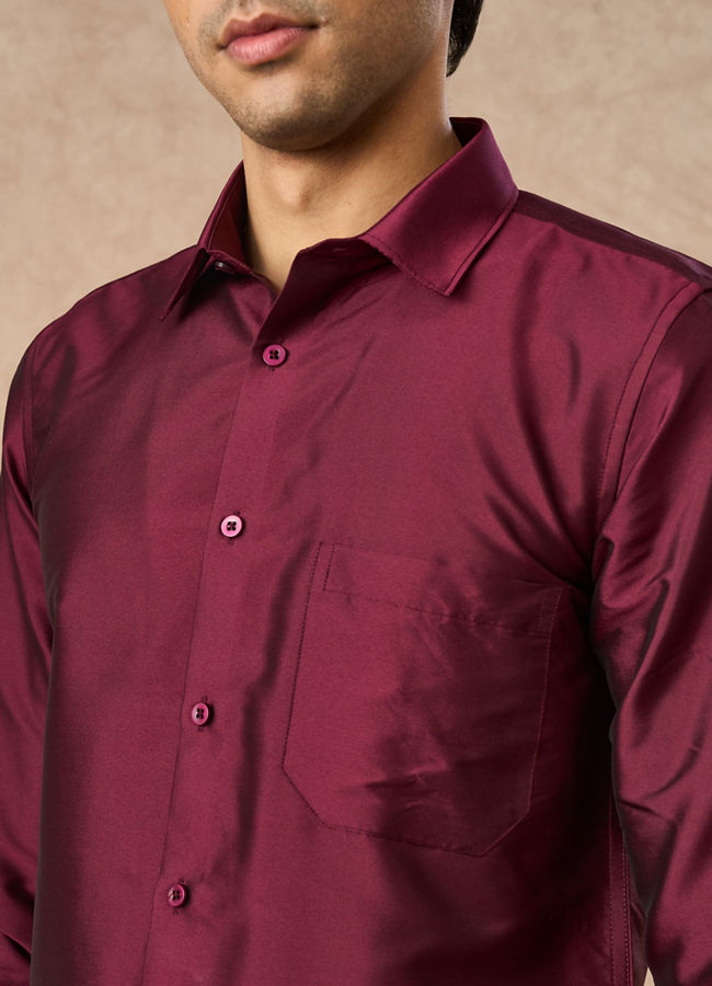 Manyavar Men Wine Art Silk Shirt