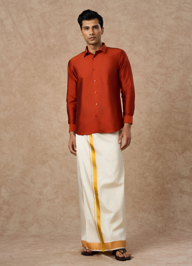 Manyavar Men Orange Art Silk Shirt