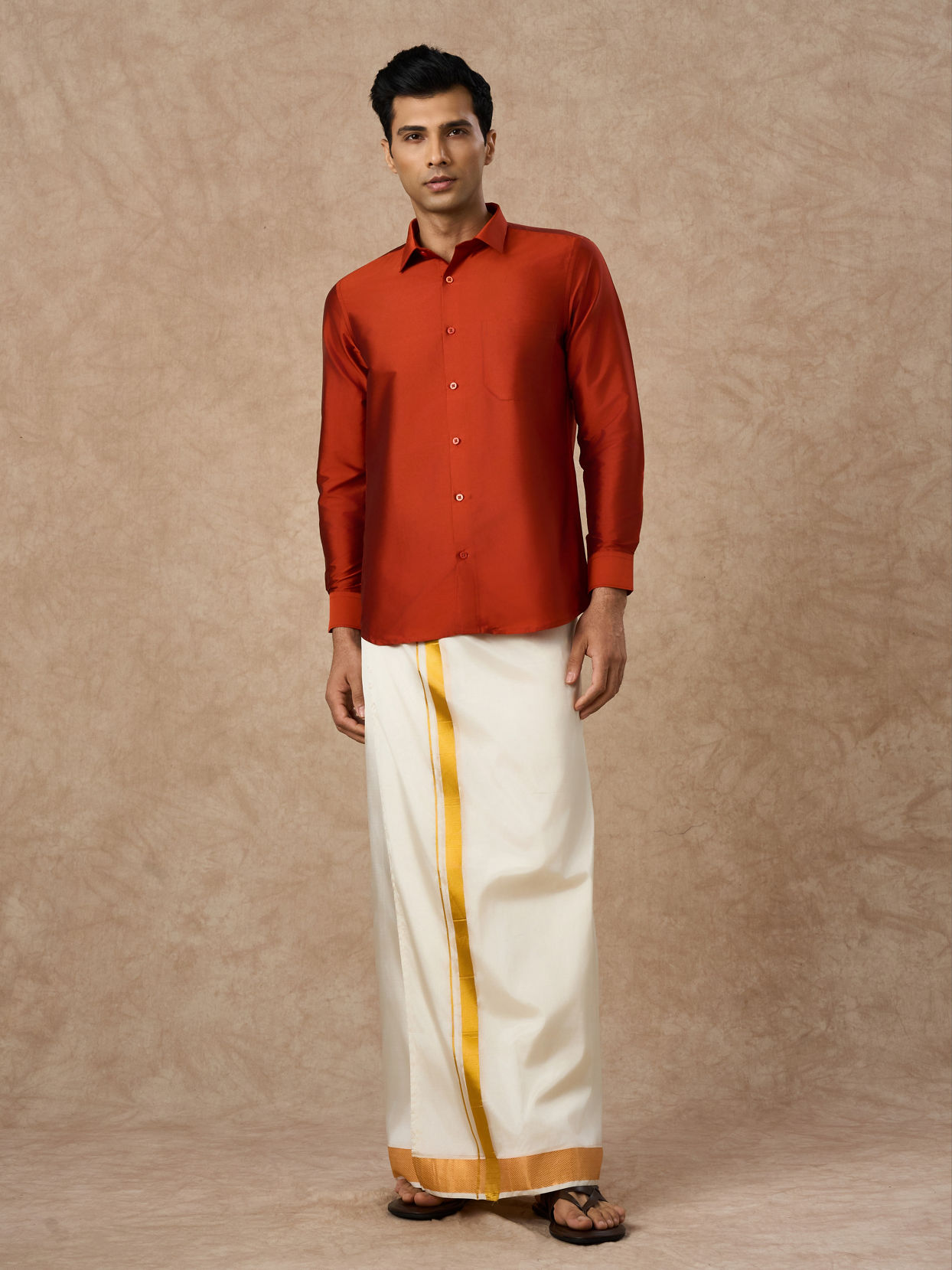 Manyavar Men Orange Art Silk Shirt