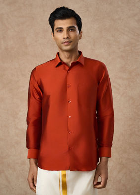 Manyavar Men Orange Art Silk Shirt