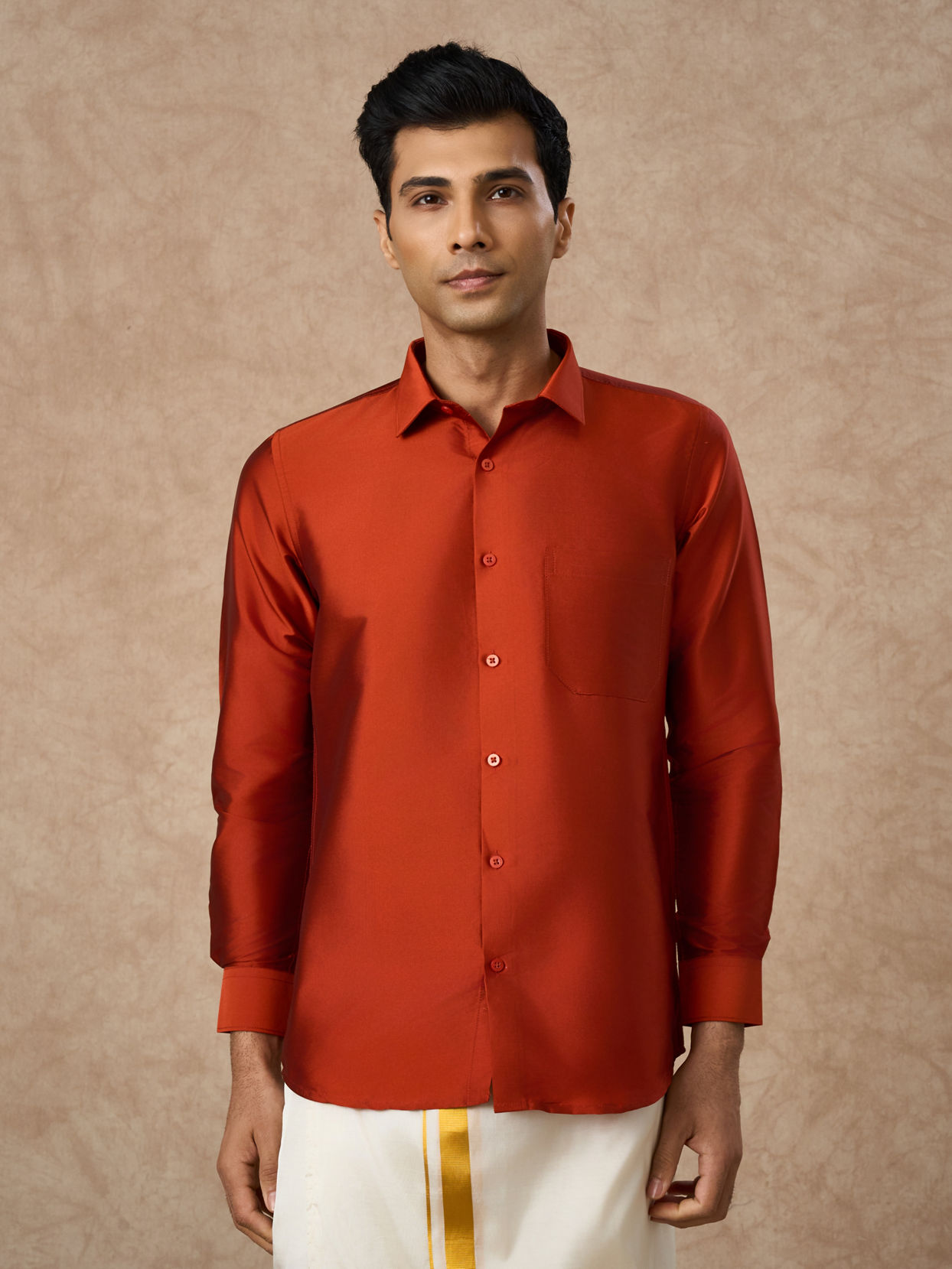 Manyavar Men Orange Art Silk Shirt