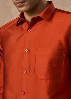 Manyavar Men Orange Art Silk Shirt