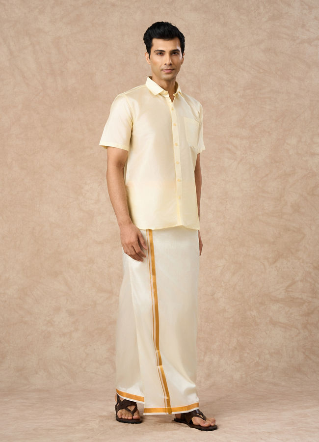 Manyavar Men Cream Silk Half Shirt