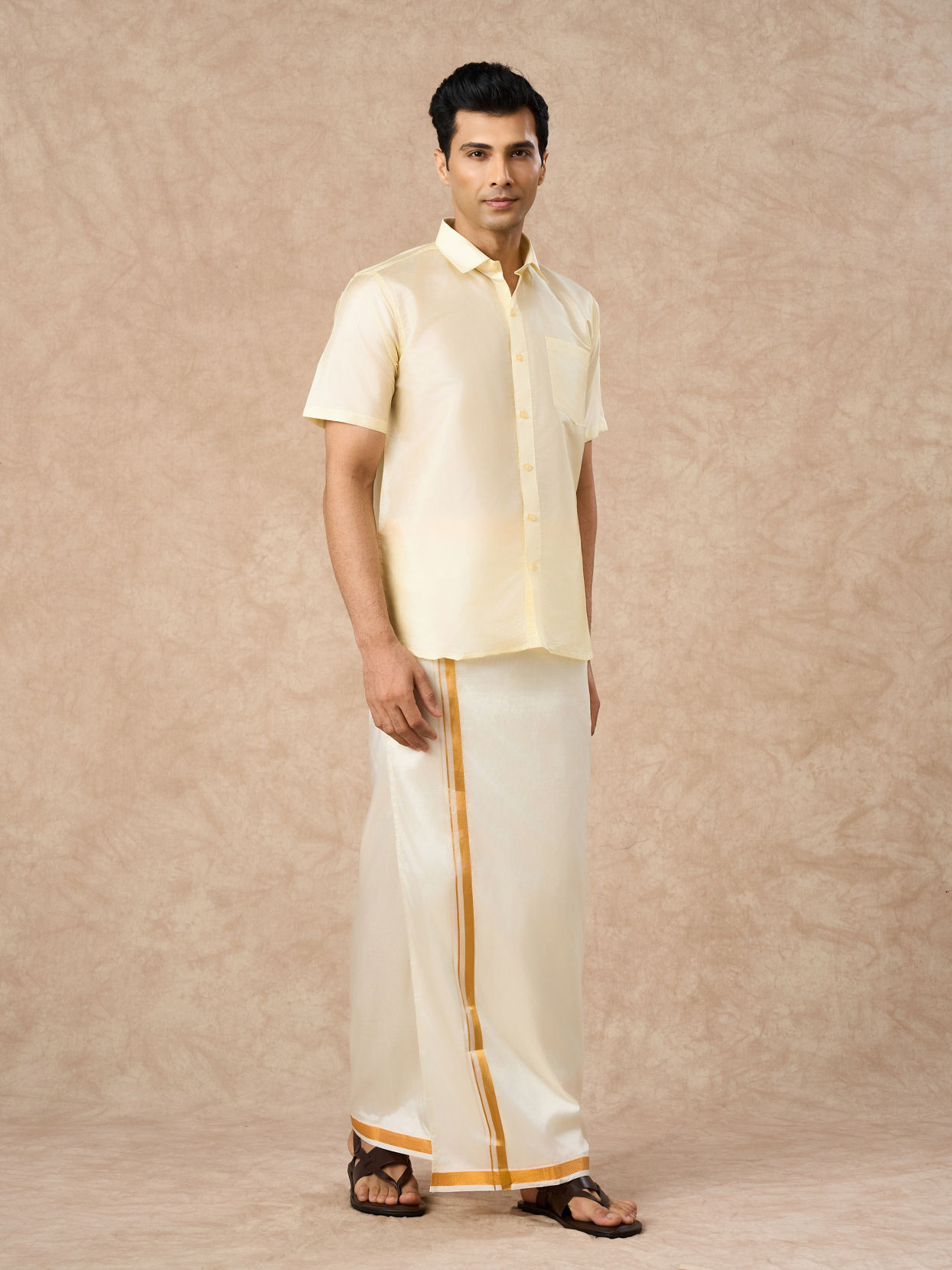 Manyavar Men Cream Silk Half Shirt