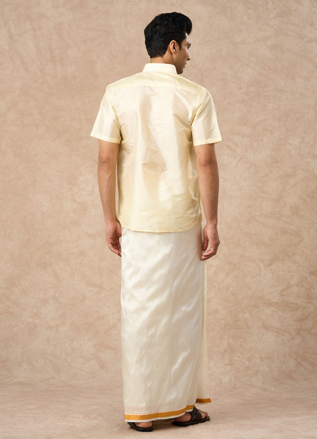 Manyavar Men Cream Silk Half Shirt