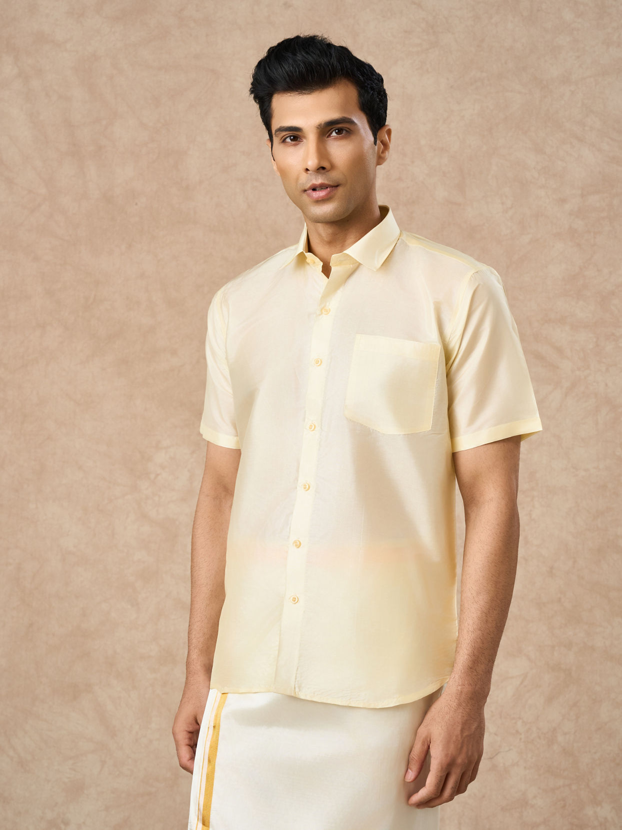 Manyavar Men Cream Silk Half Shirt