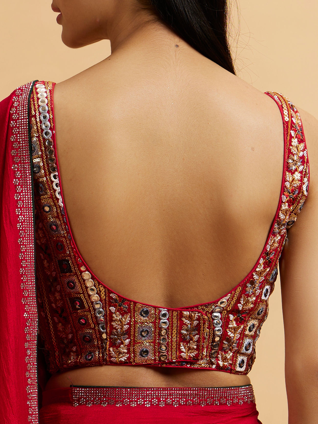 Mohey Women Red Bel Buti Patterned Blouse with Mirror Work