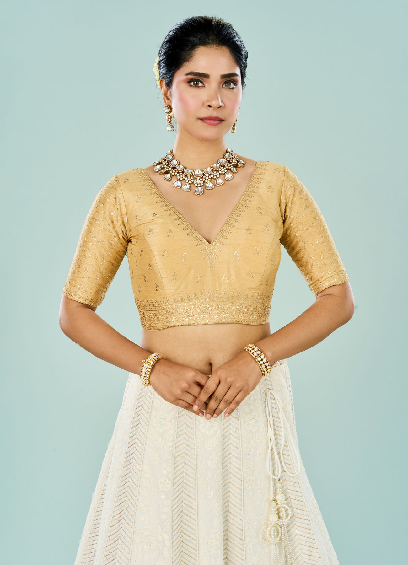 Mohey Women Beige Art Silk Festive Blouse