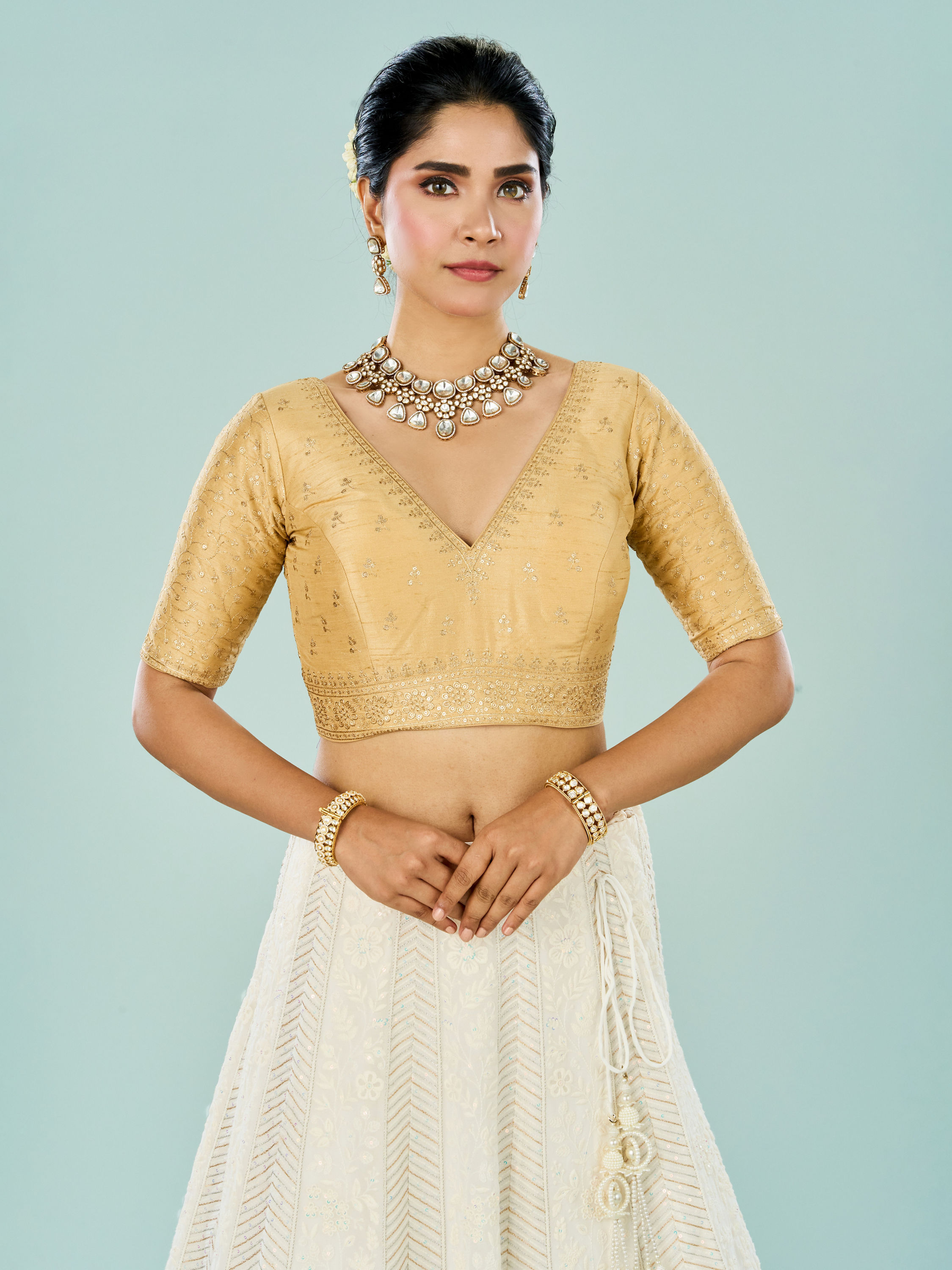 Mohey Women Beige Art Silk Festive Blouse