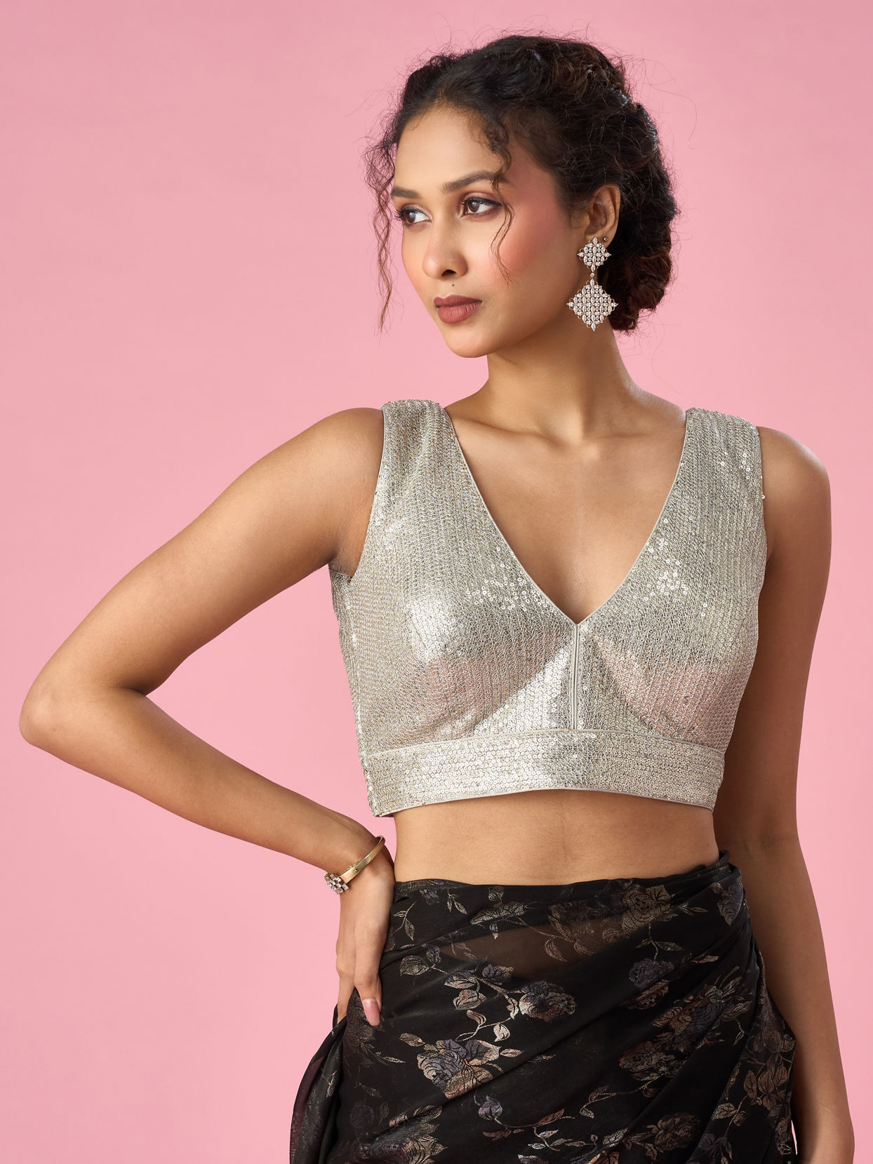Mohey Women Grey Georgette Blouse with Sequin Detail