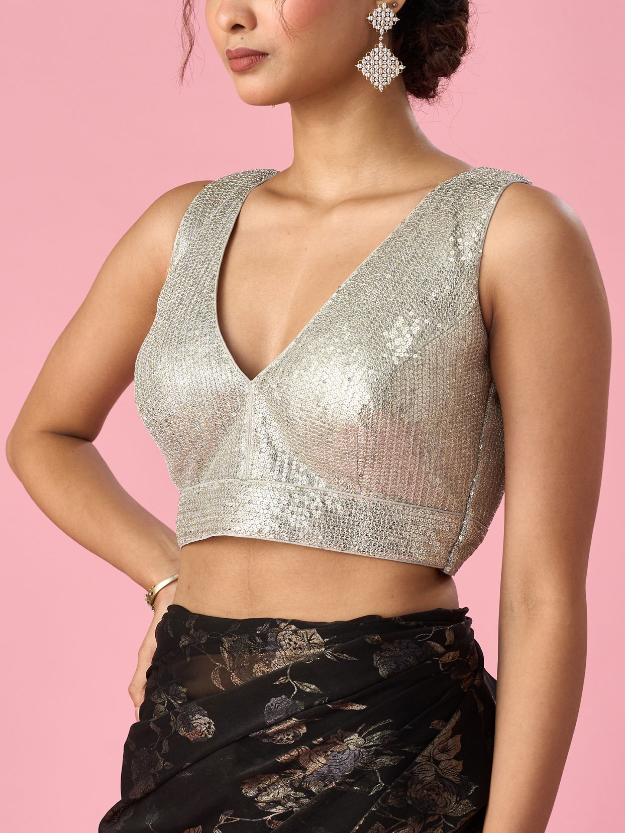 Mohey Women Grey Georgette Blouse with Sequin Detail