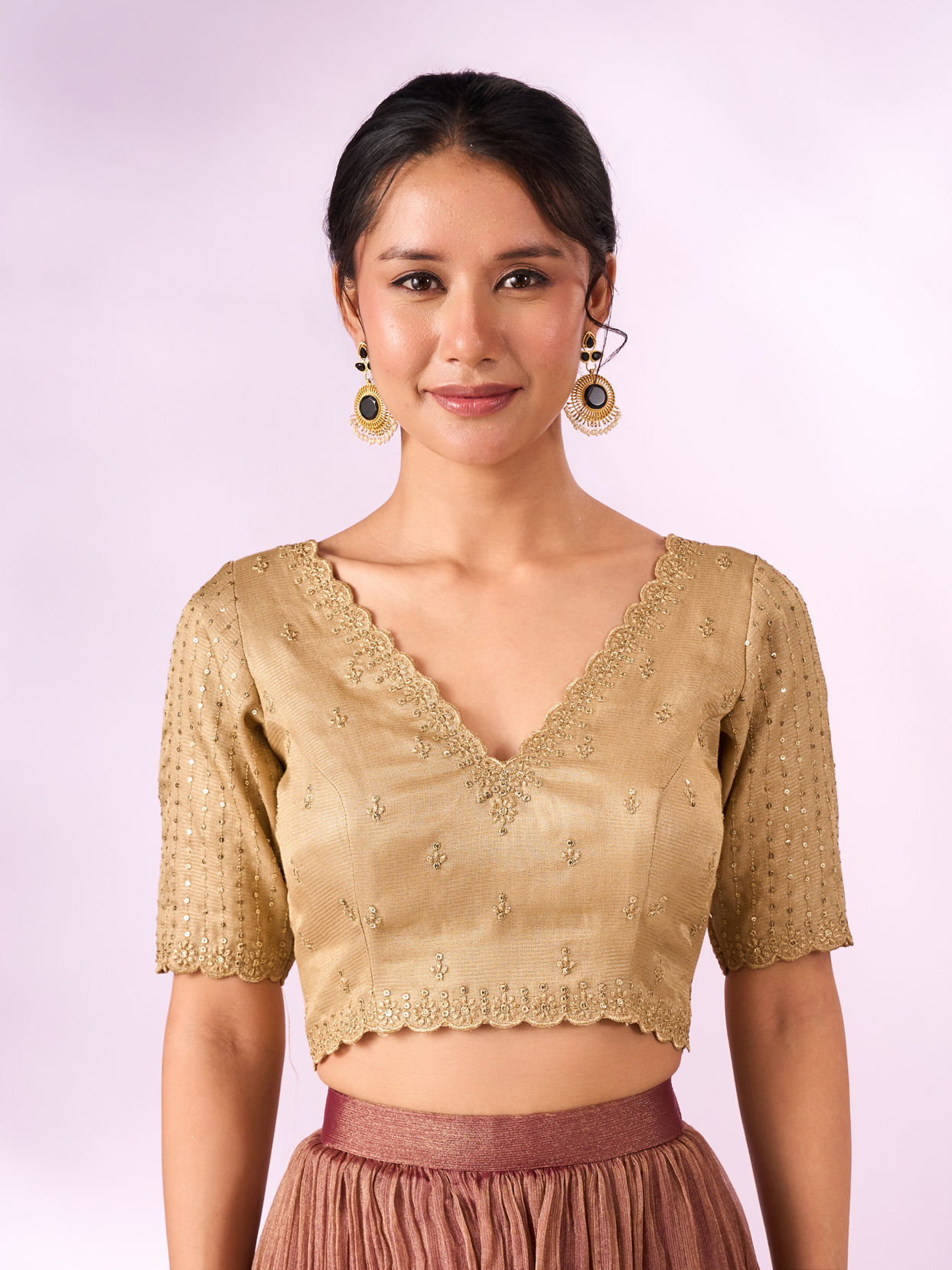 Mohey Women Beige Silk Blouse with Sequin Work