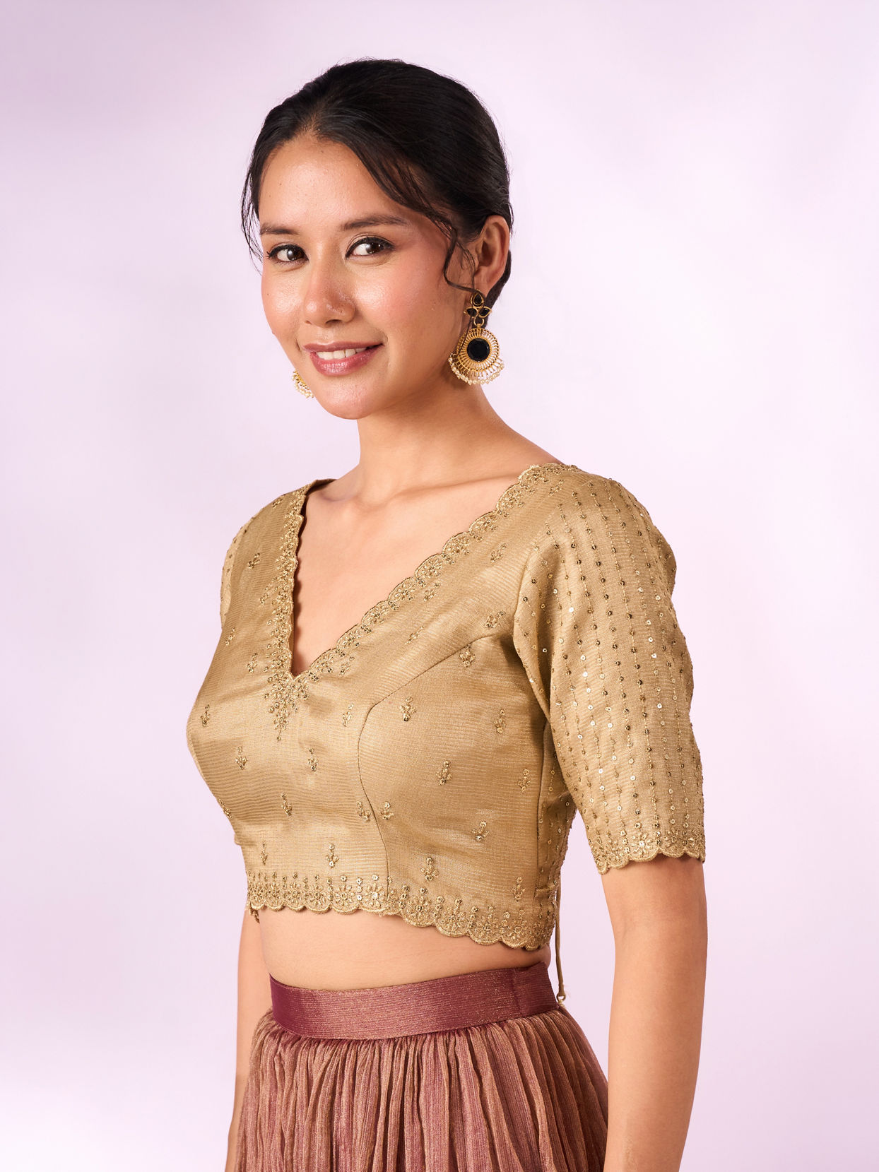 Mohey Women Beige Silk Blouse with Sequin Work