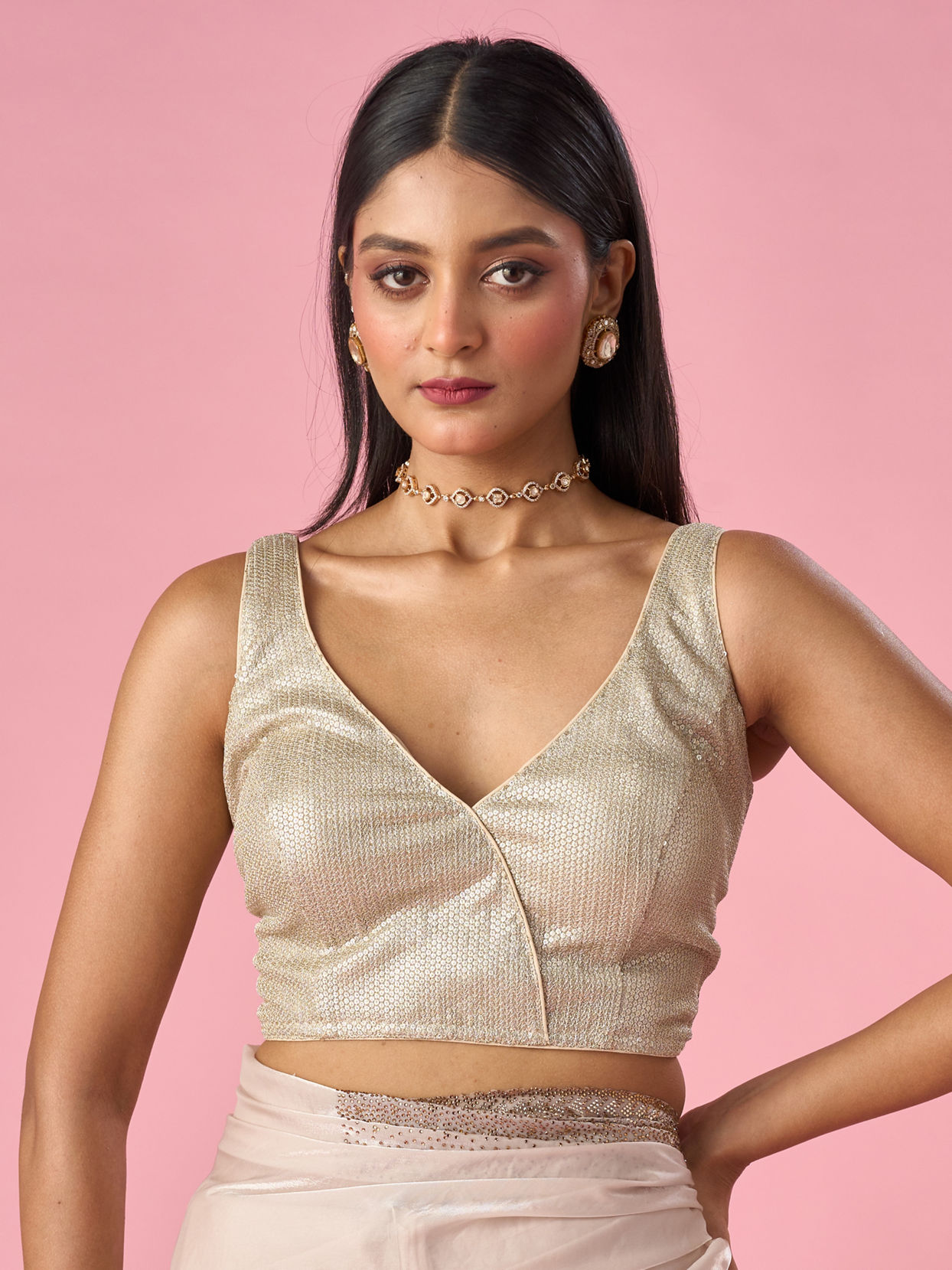 Mohey Women Elegant Gold Georgette Blouse