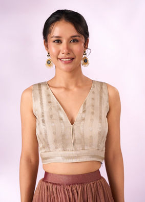 Mohey Women Cream Silk Blouse with Weave Detail