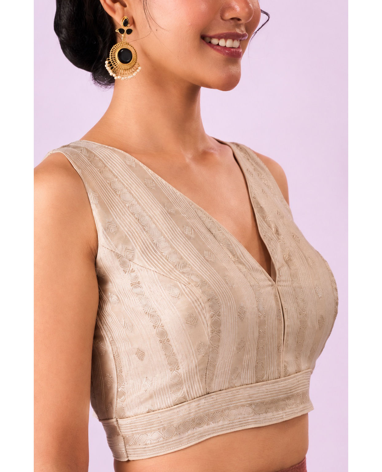 Mohey Women Cream Silk Blouse with Weave Detail