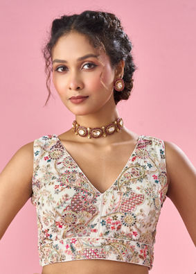 Mohey Women Cream Georgette Blouse with Sequin Work