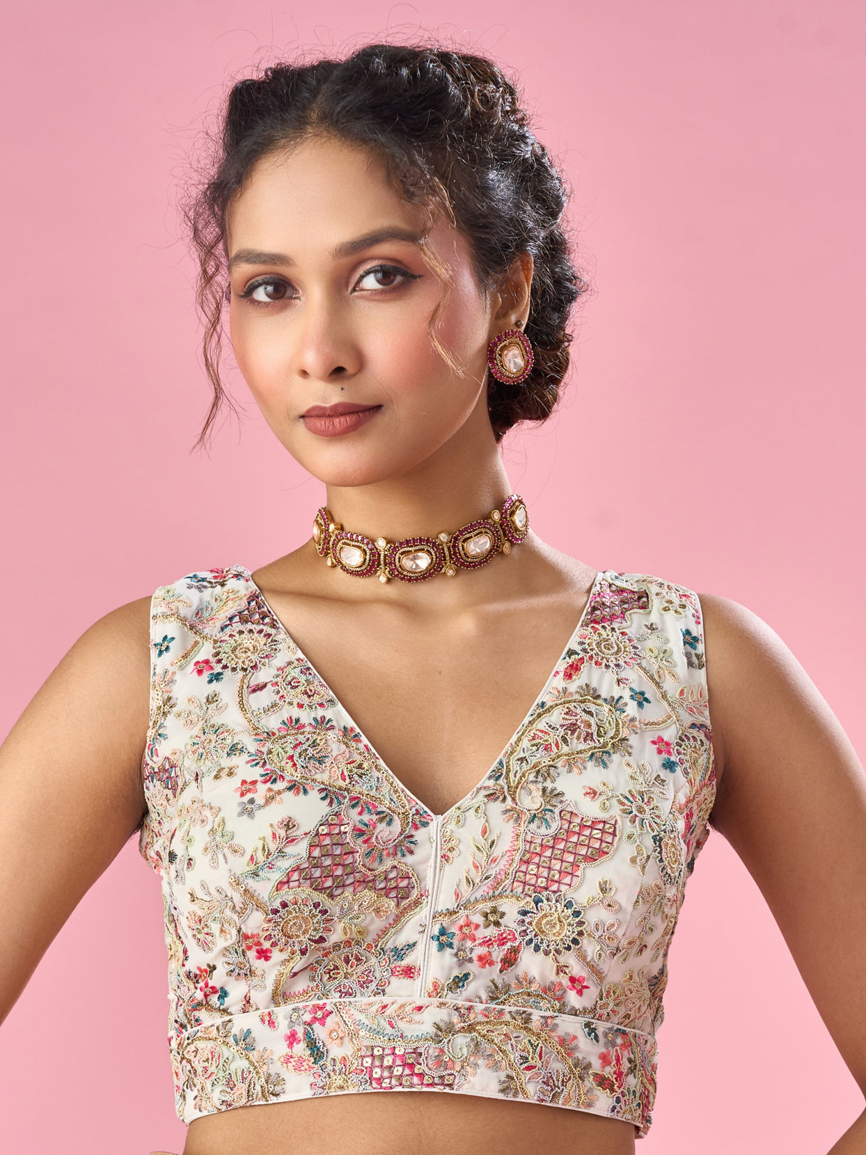 Mohey Women Cream Georgette Blouse with Sequin Work