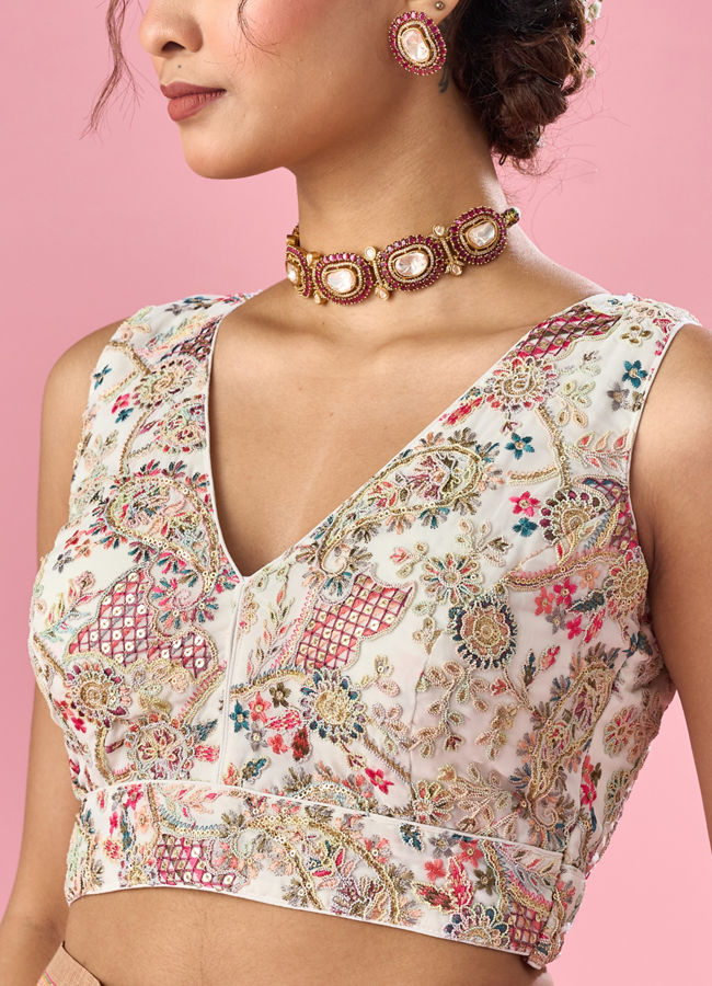 Mohey Women Cream Georgette Blouse with Sequin Work
