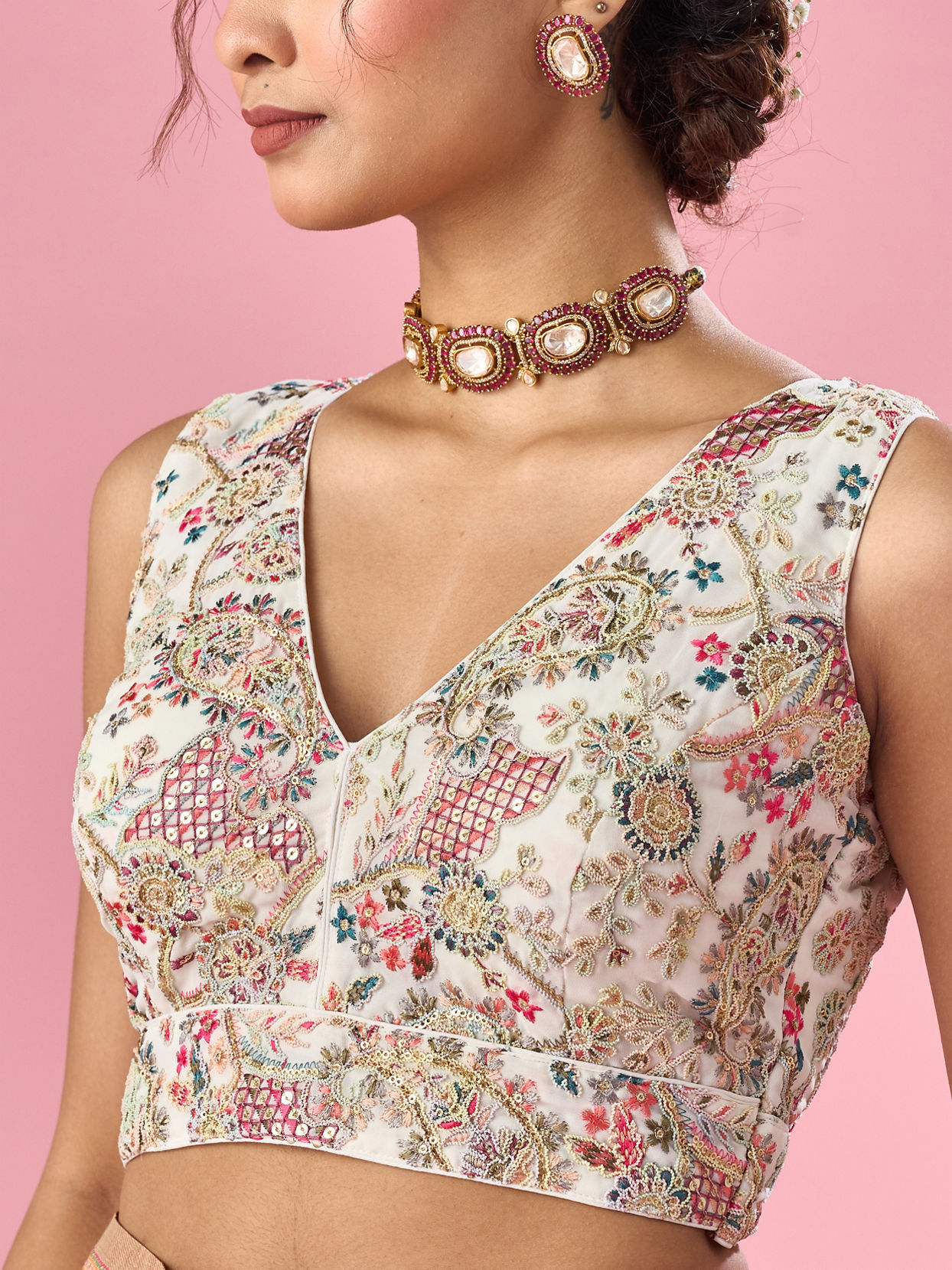 Mohey Women Cream Georgette Blouse with Sequin Work
