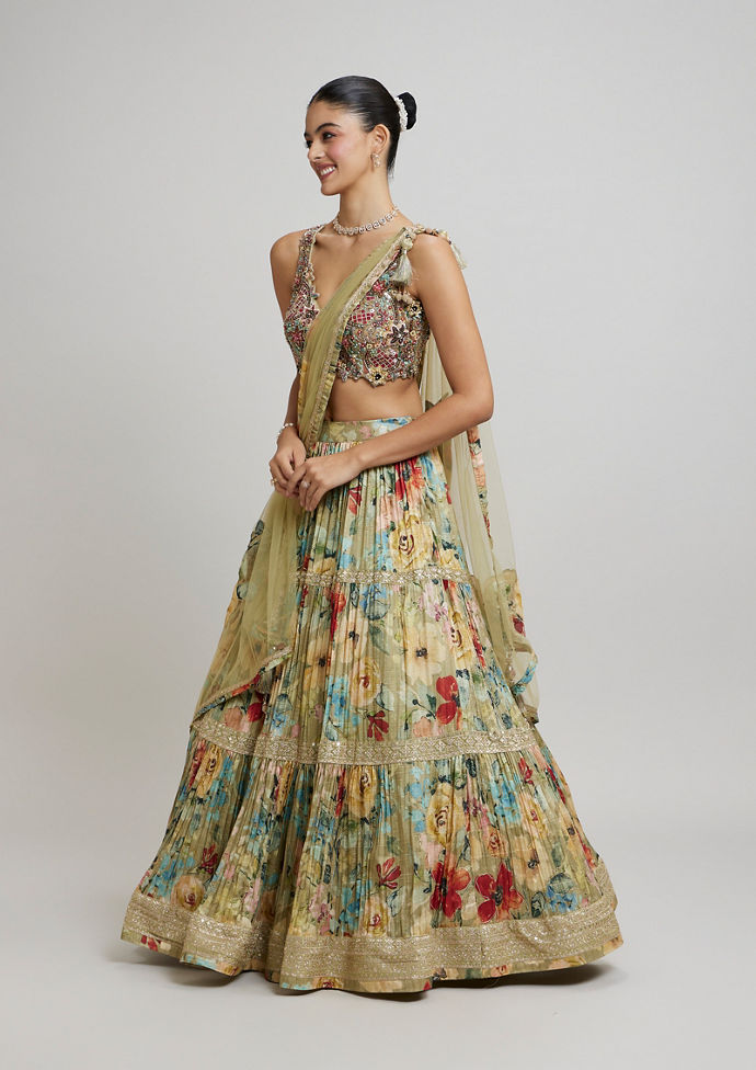 Twamev Women Enchanting Pista Green Lehenga