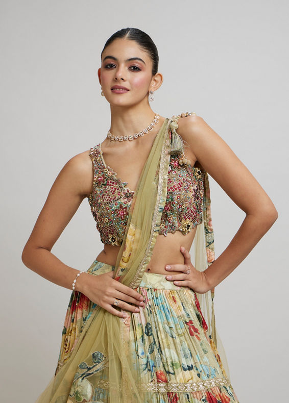 Twamev Women Enchanting Pista Green Lehenga