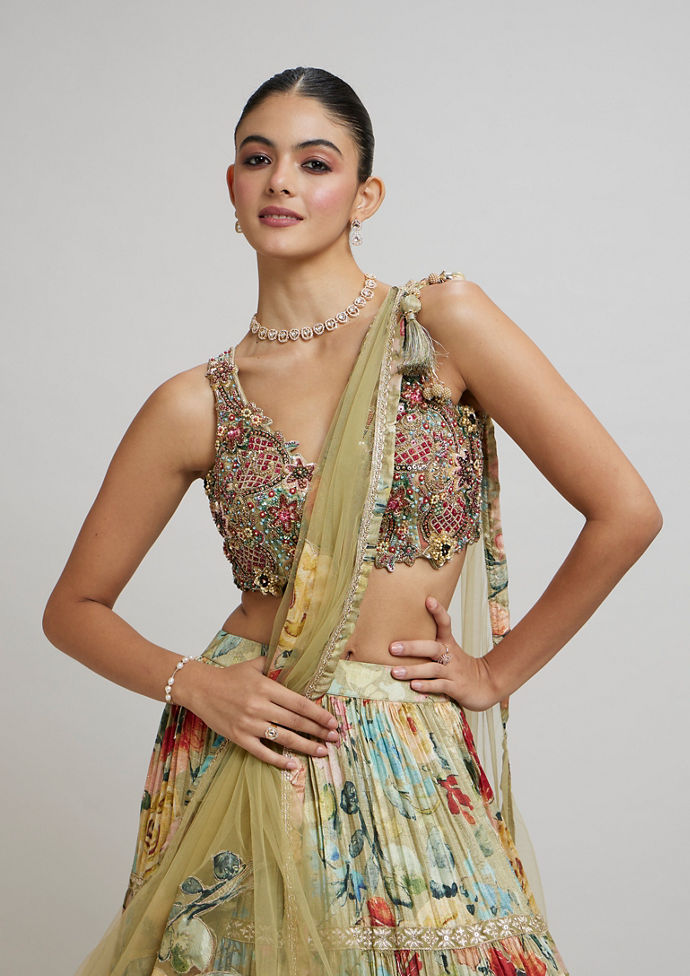 Twamev Women Enchanting Pista Green Lehenga