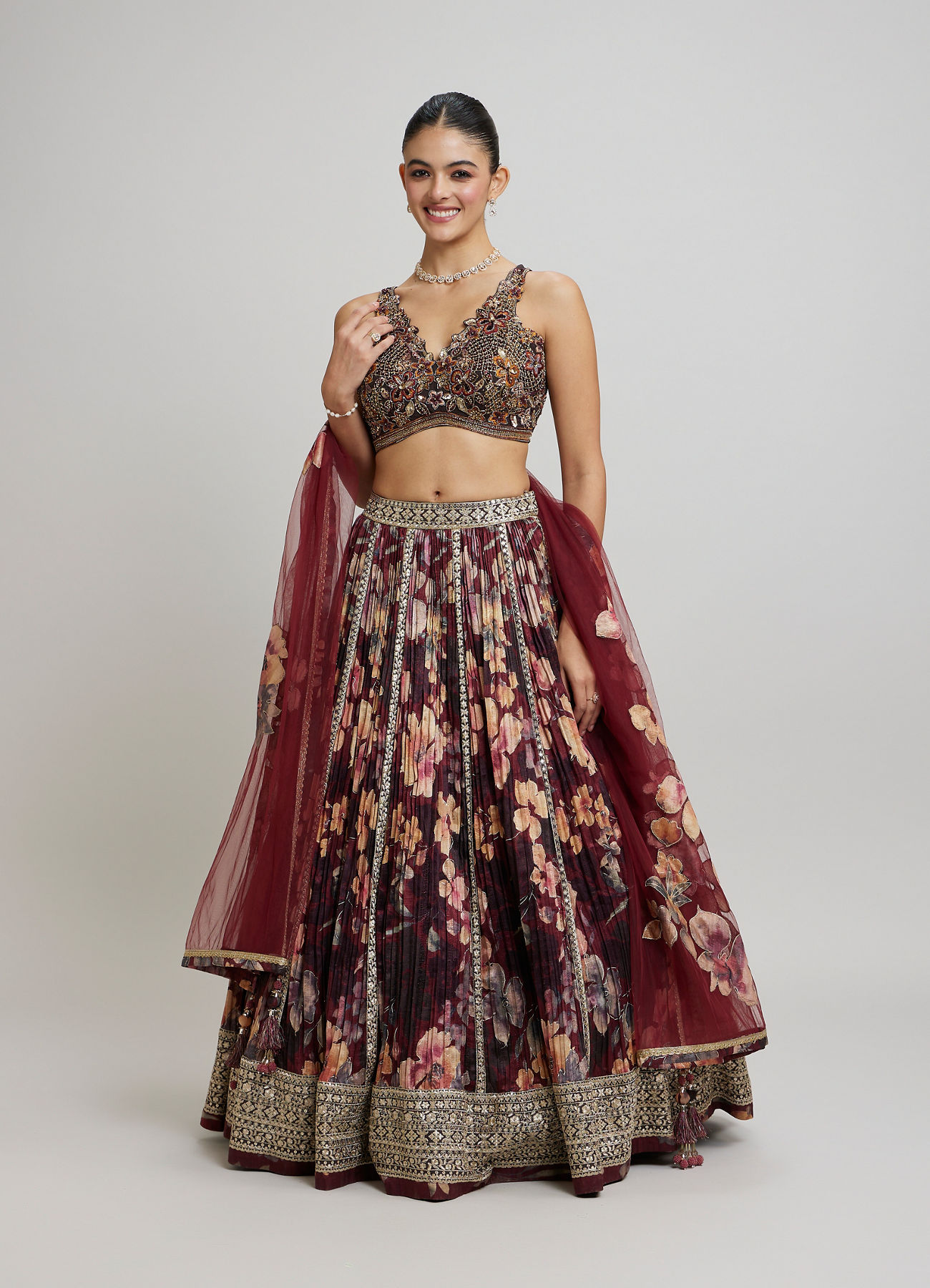 Twamev Women Elegant Maroon Net Lehenga