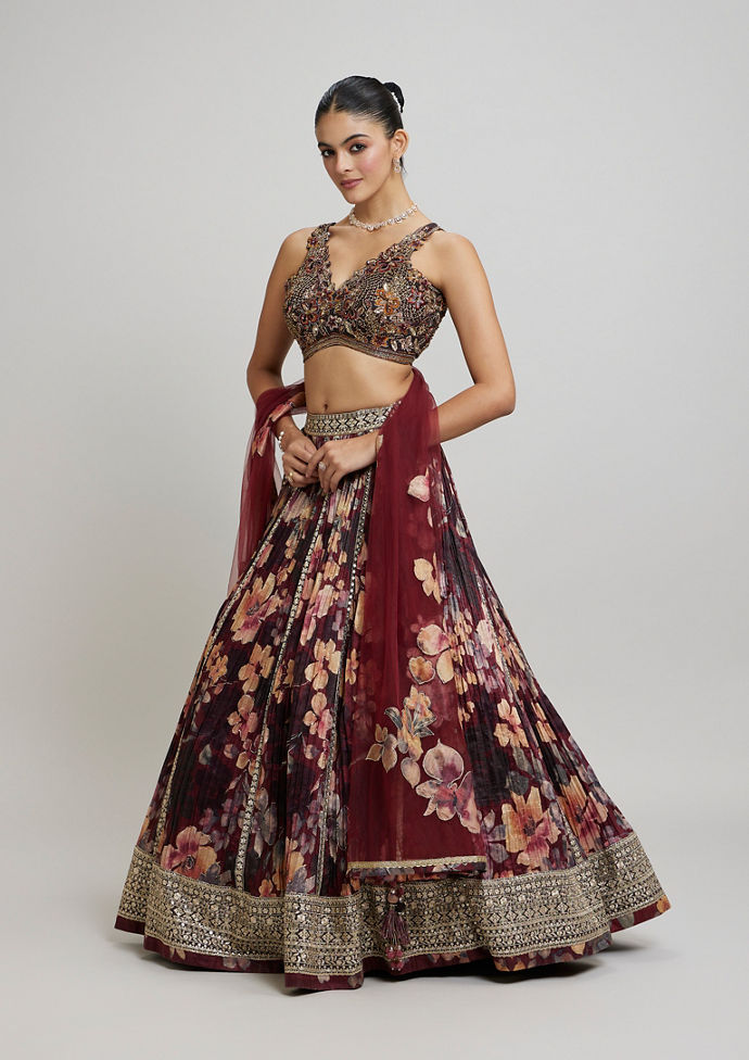 Twamev Women Elegant Maroon Net Lehenga