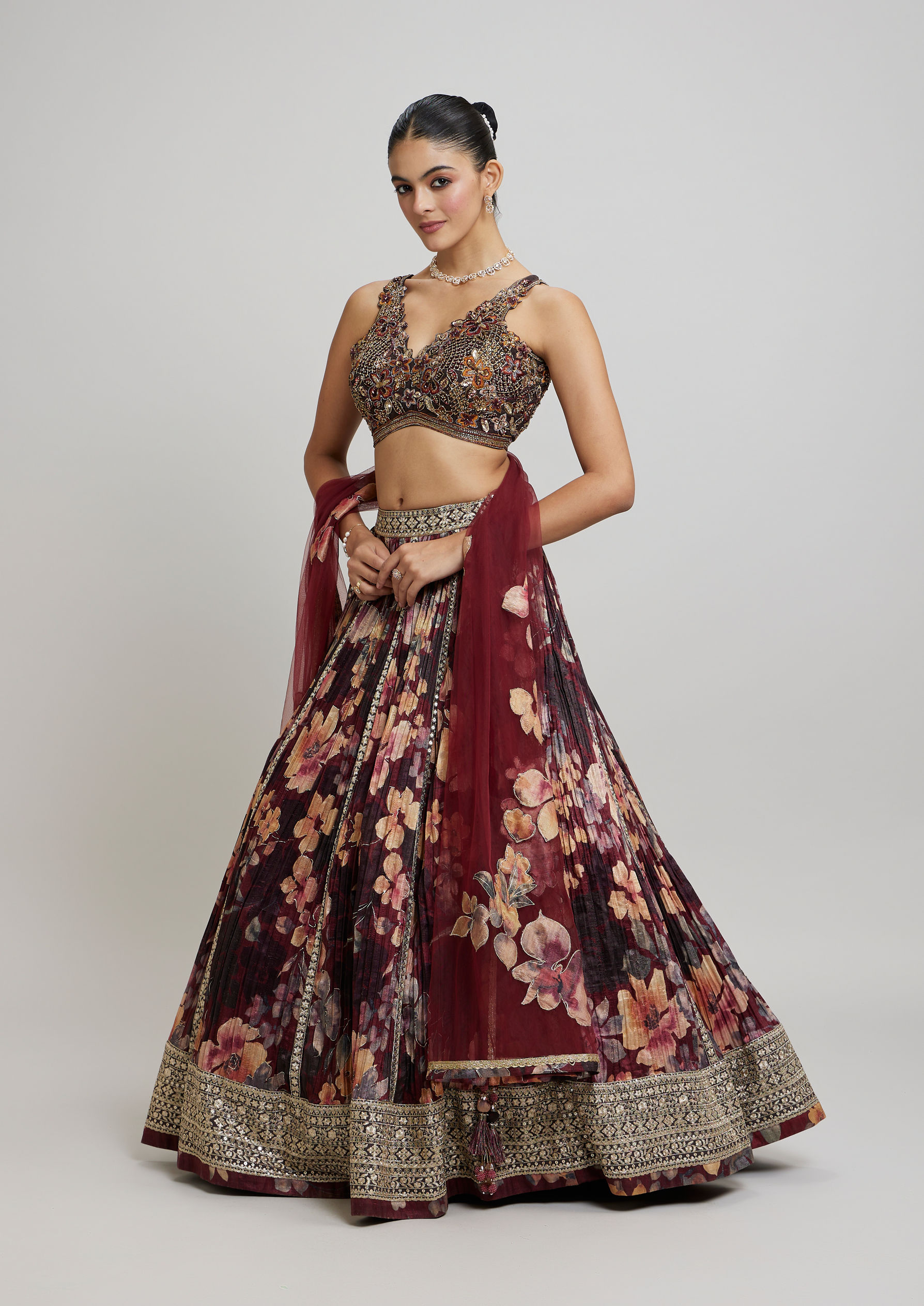 Twamev Women Elegant Maroon Net Lehenga