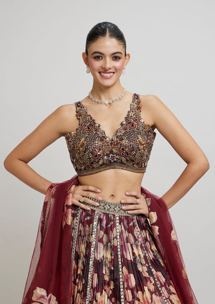 Twamev Women Elegant Maroon Net Lehenga