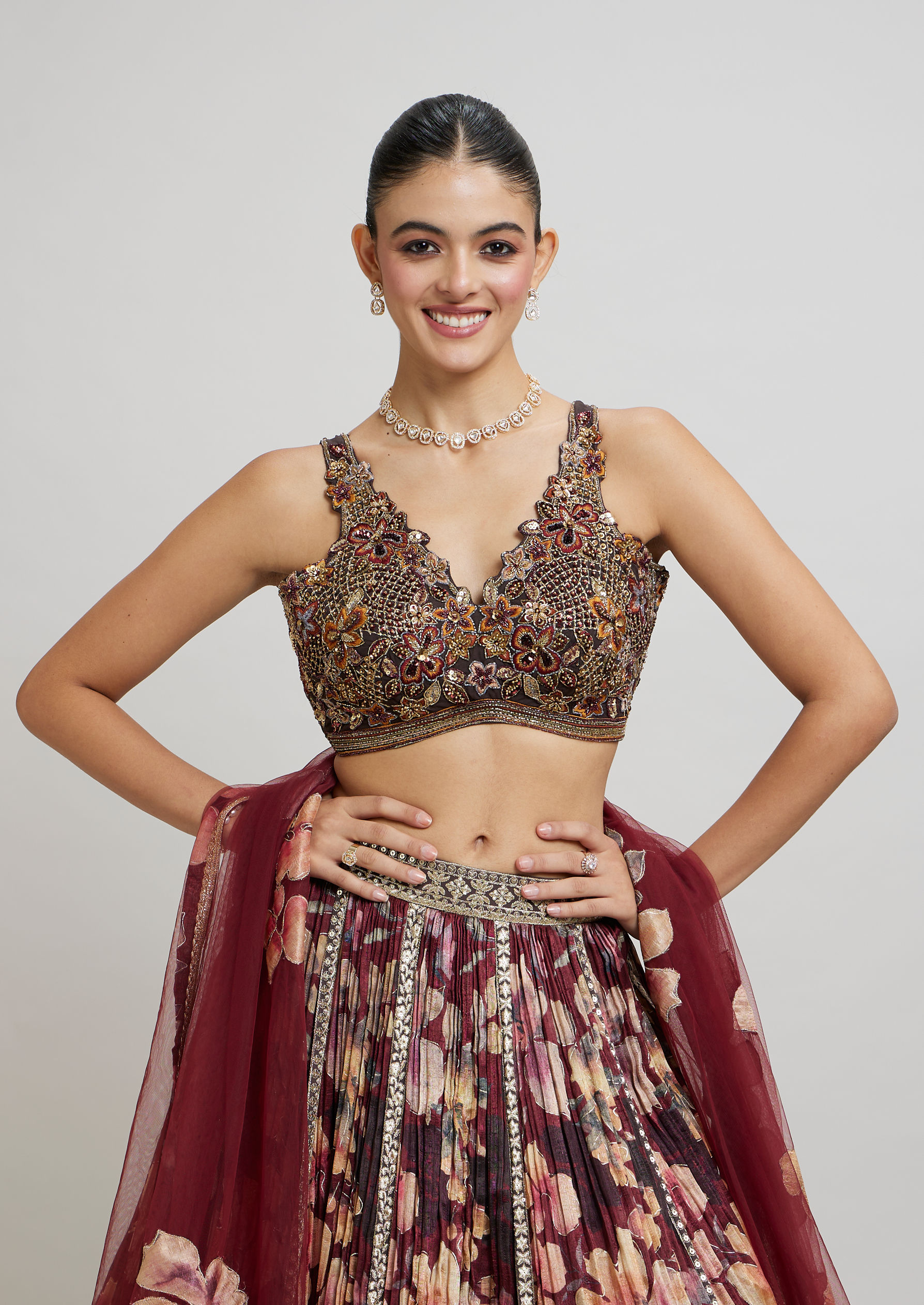Twamev Women Elegant Maroon Net Lehenga