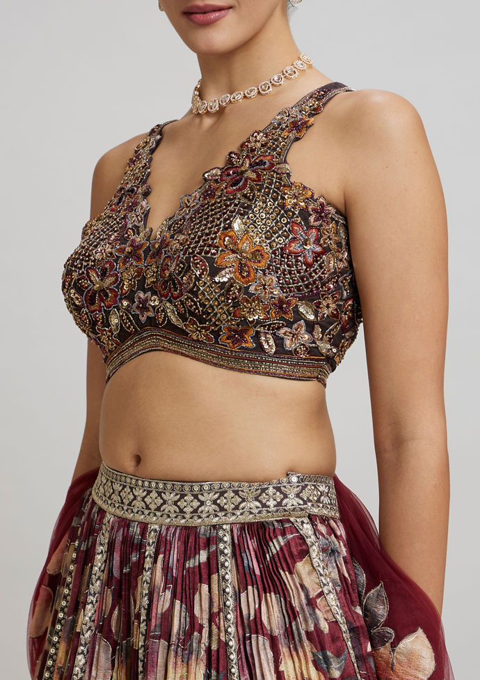 Twamev Women Elegant Maroon Net Lehenga