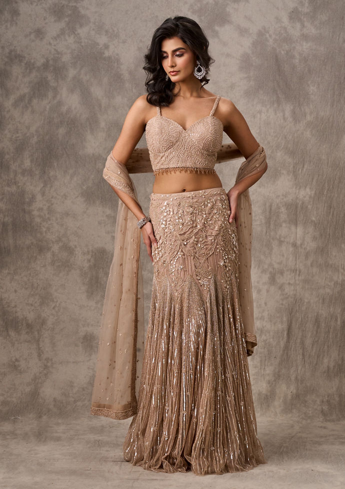 Twamev Women Beige Net Party Lehenga Set