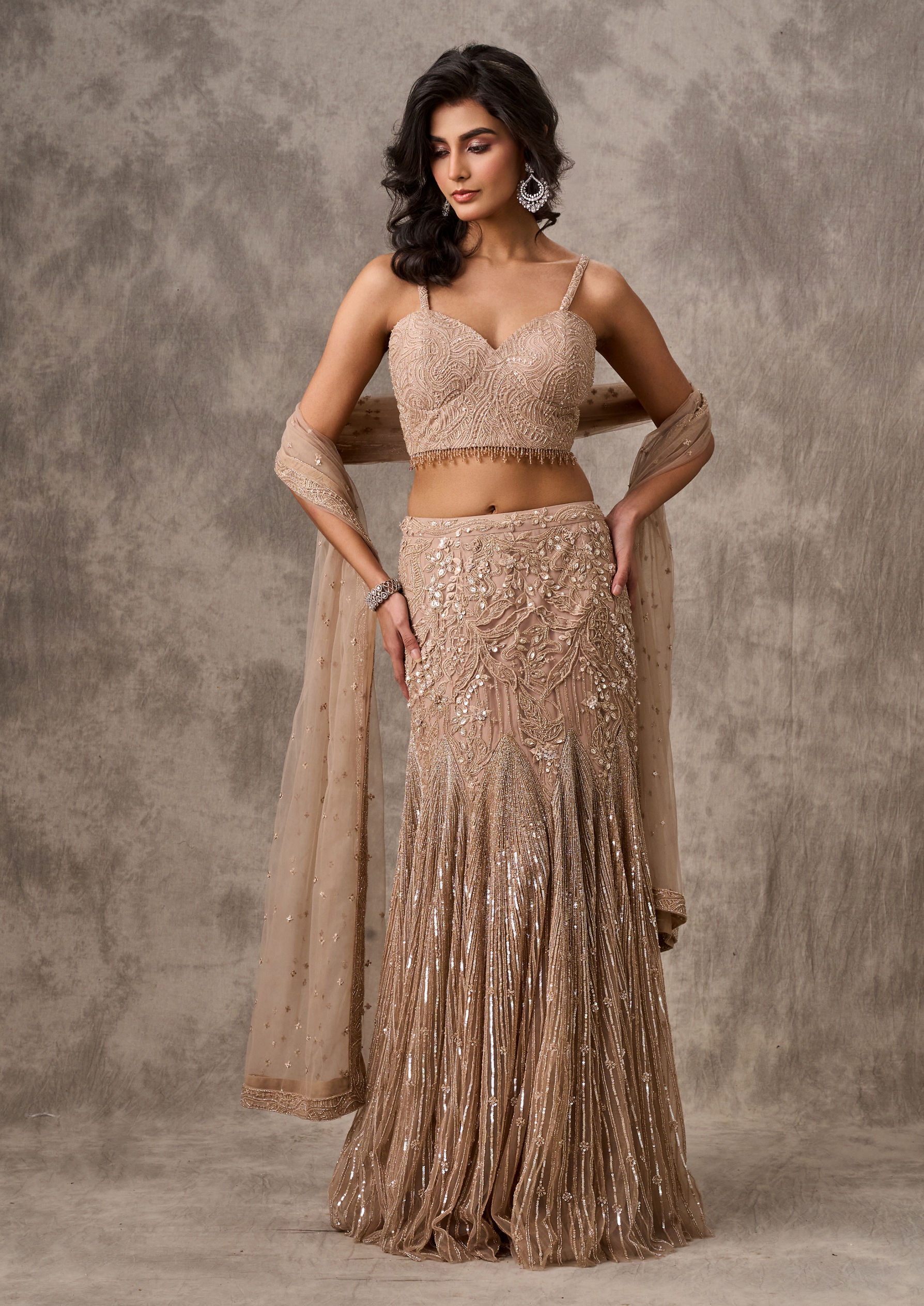 Twamev Women Beige Net Party Lehenga Set