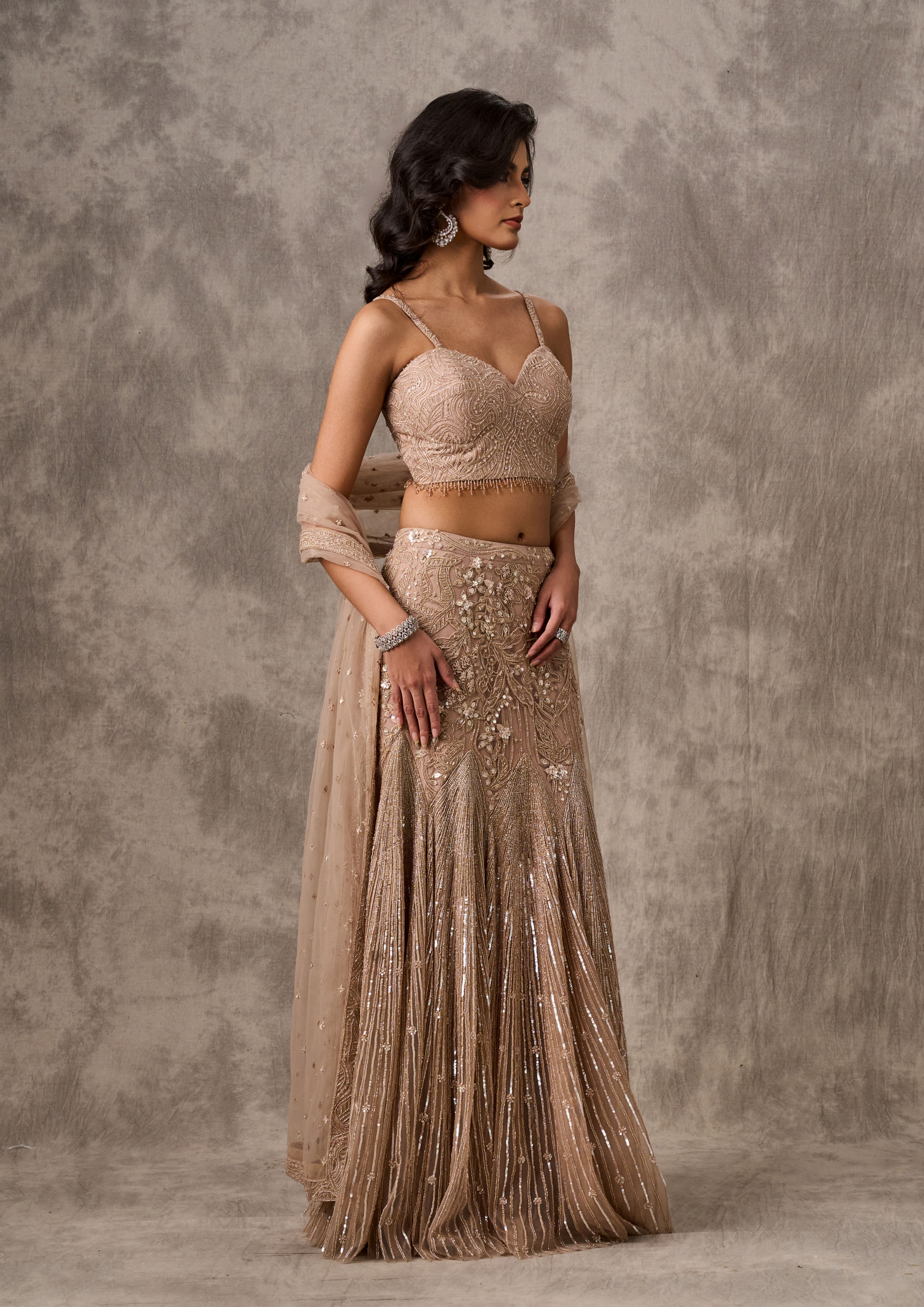 Twamev Women Beige Net Party Lehenga Set