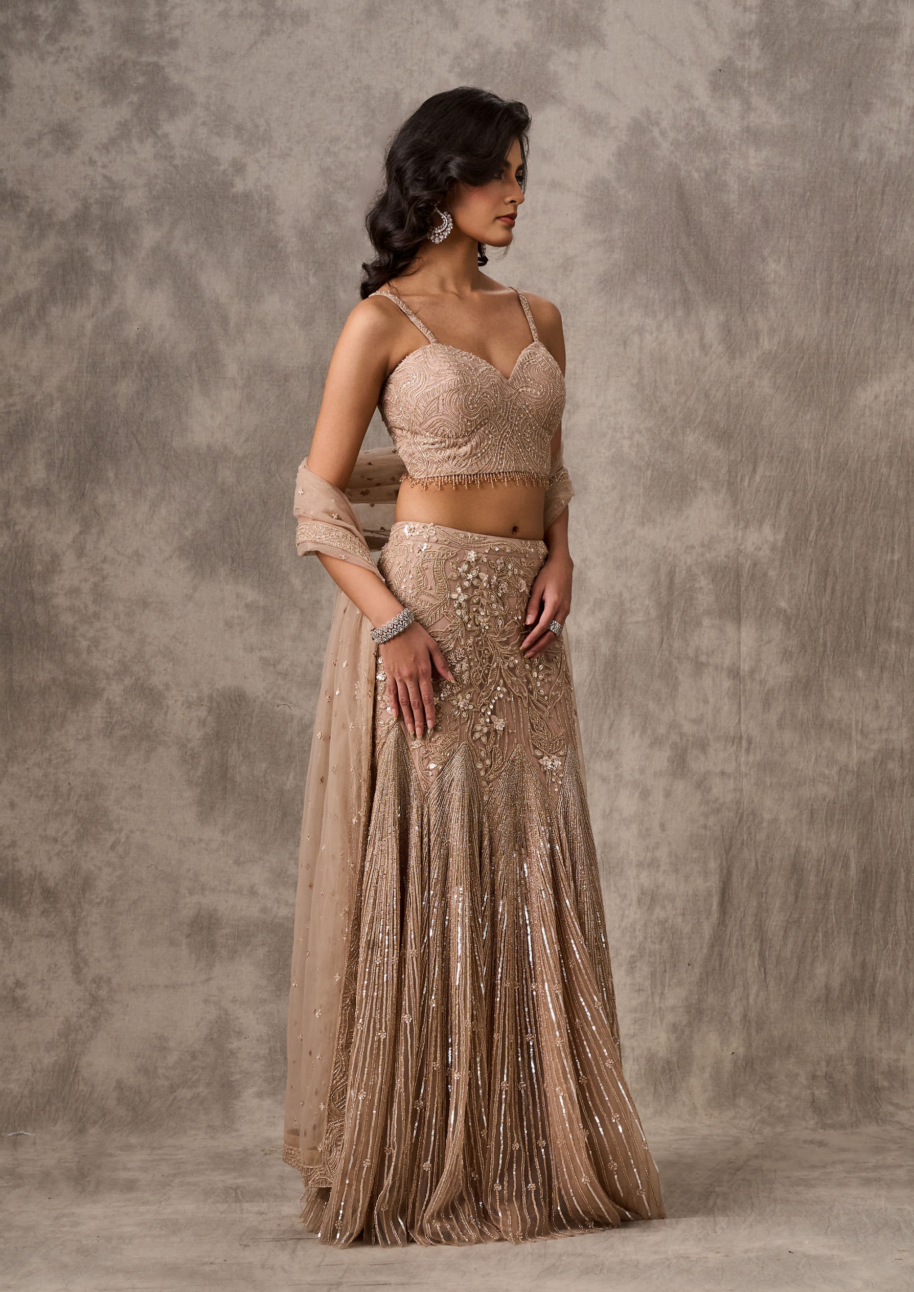 Twamev Women Beige Net Party Lehenga Set