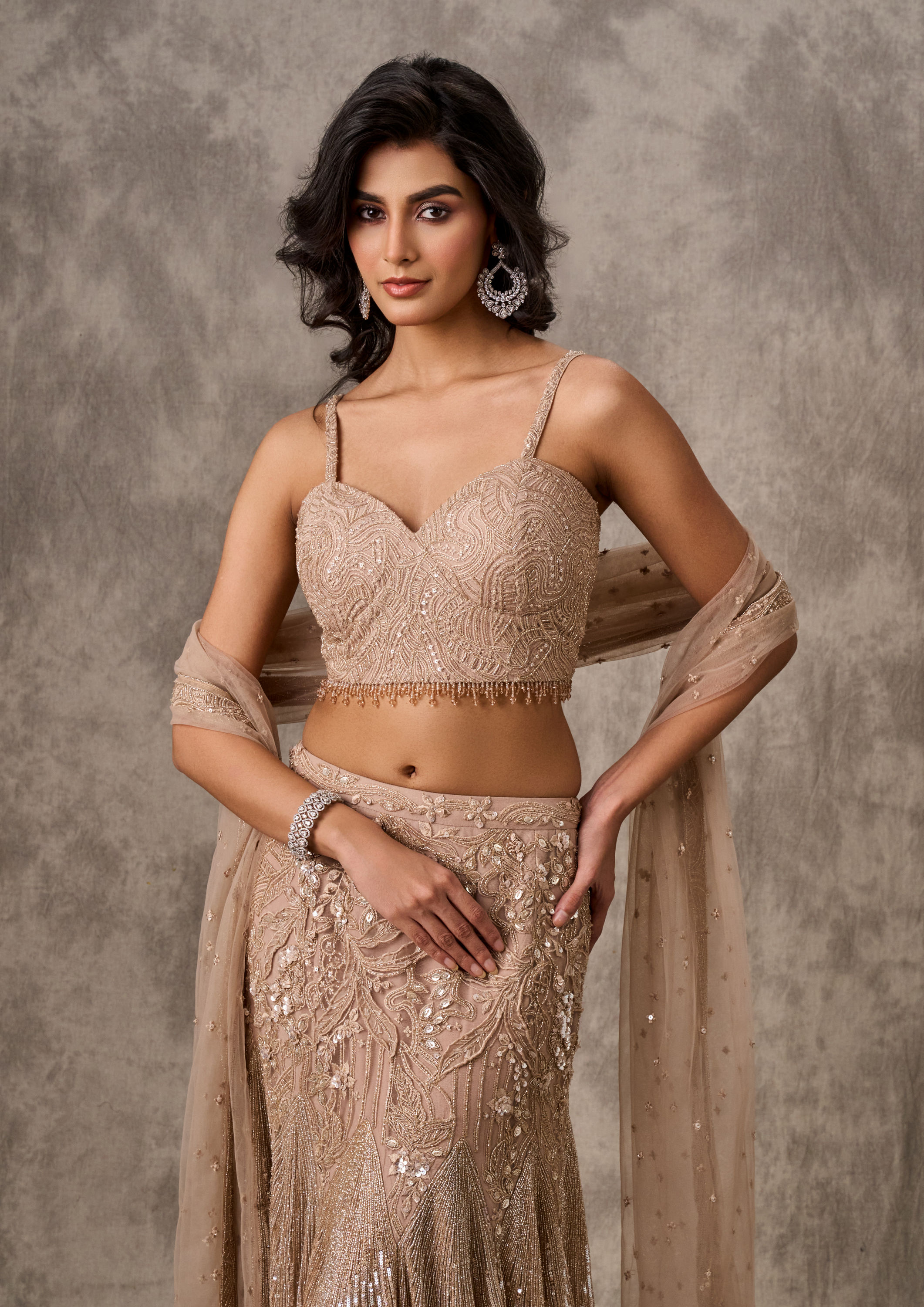 Twamev Women Beige Net Party Lehenga Set