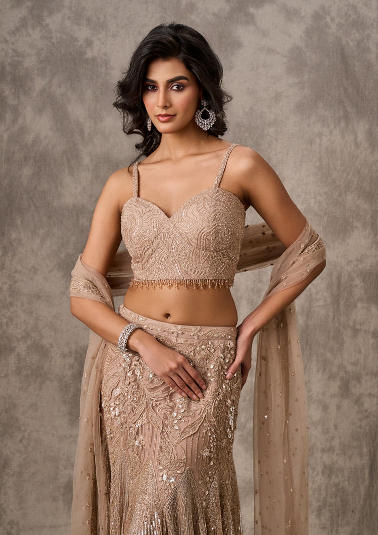 Twamev Women Beige Net Party Lehenga Set