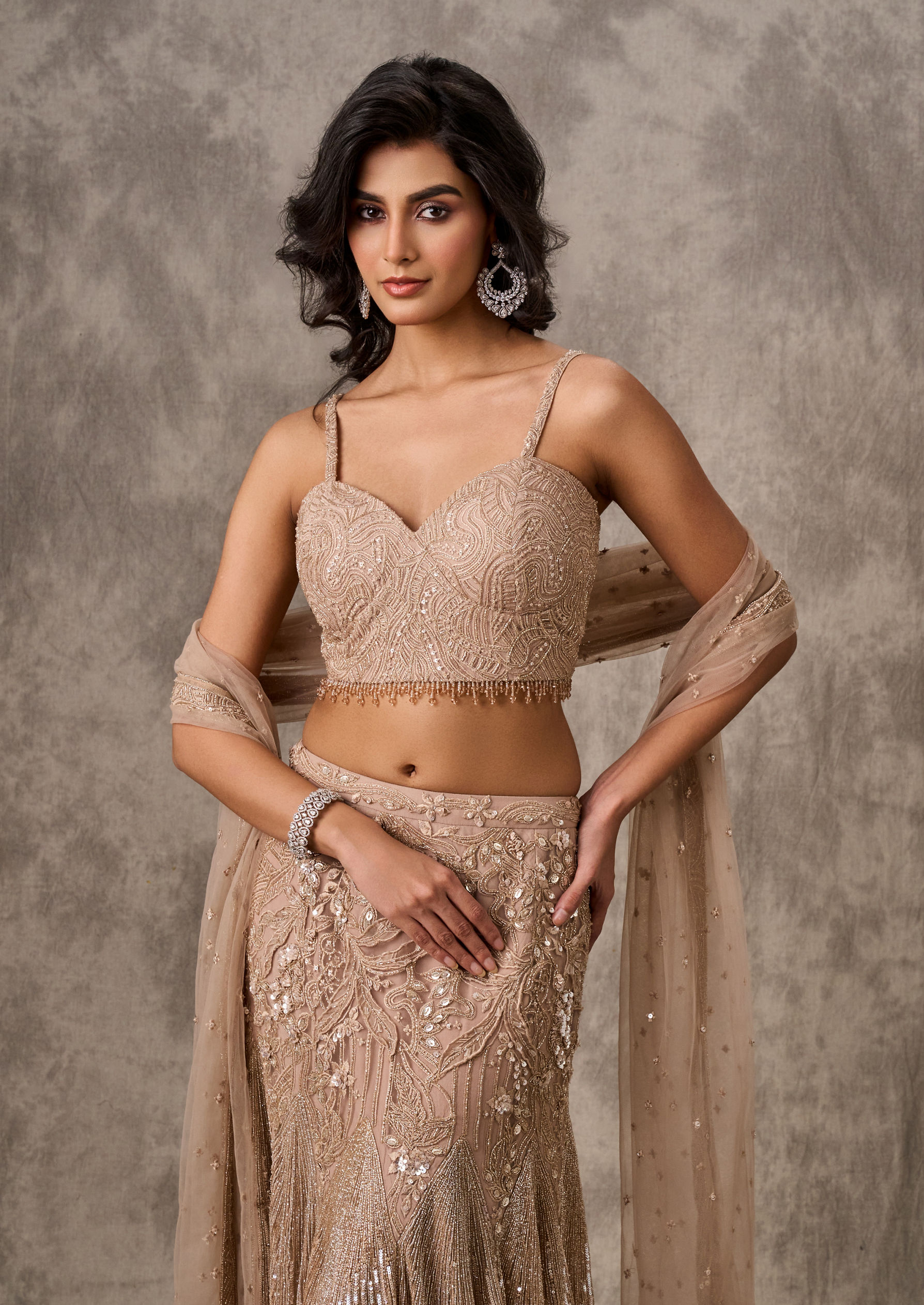Twamev Women Beige Net Party Lehenga Set