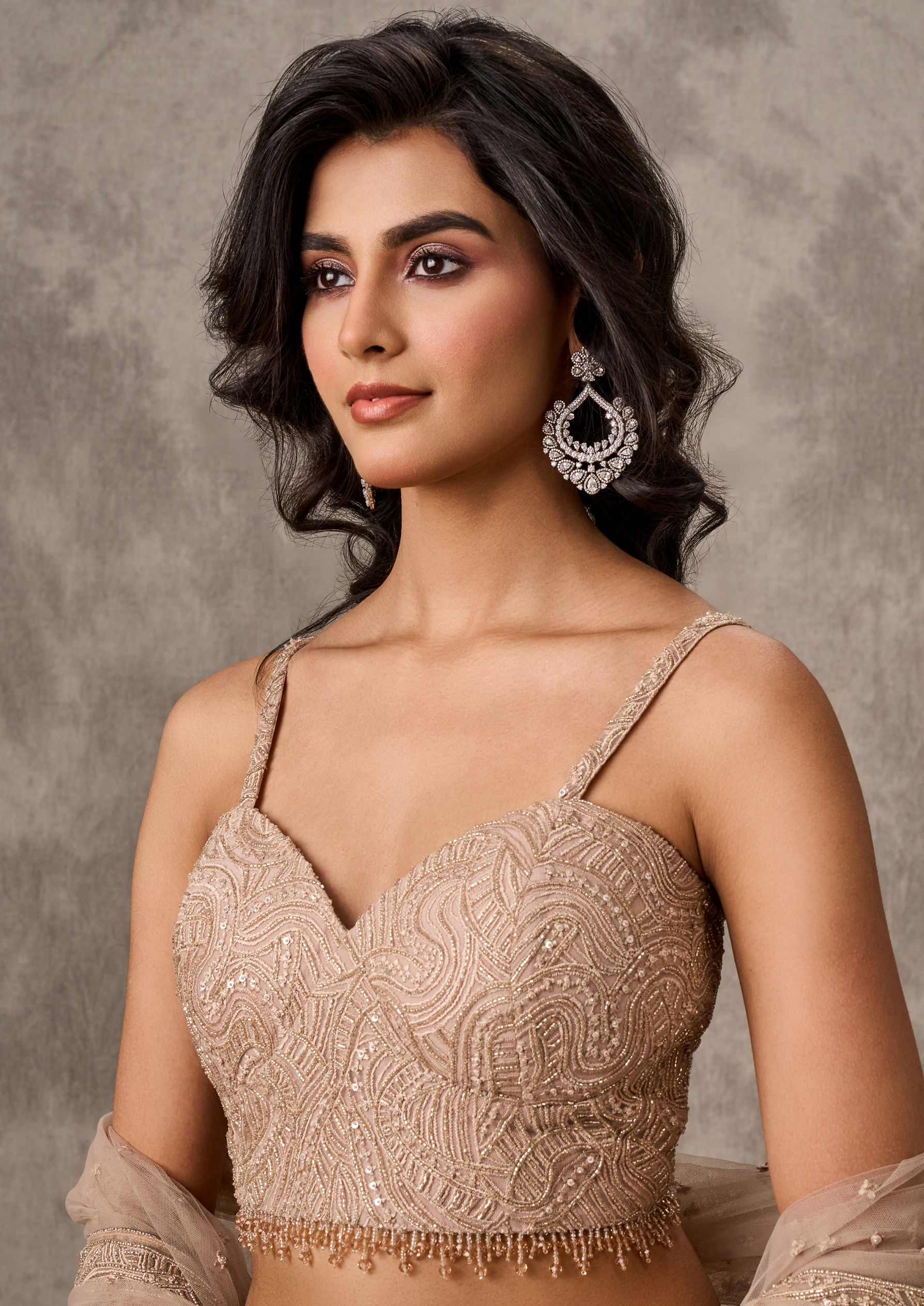 Twamev Women Beige Net Party Lehenga Set